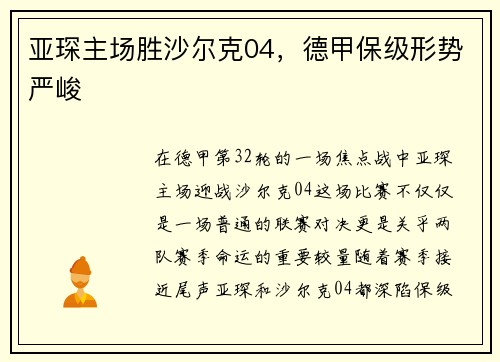 亚琛主场胜沙尔克04，德甲保级形势严峻